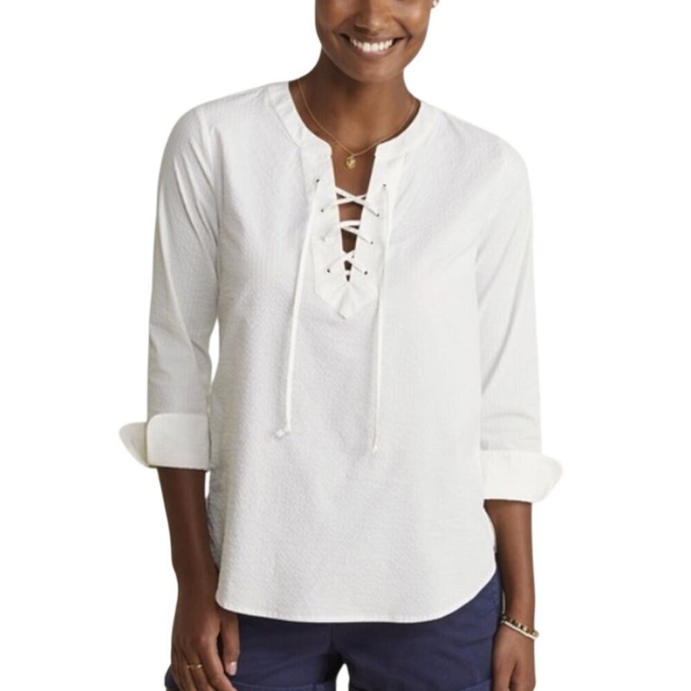 Vineyard Vines Savannah Harbor Performance White Seersucker Lace Up UPF Blouse